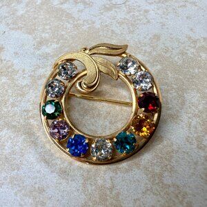 Vintage Van Dell 12K Gold Filled Multi Color Rhinestone Circle Pin Brooch